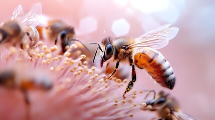Honey bee collecting pollen from pink flower in spring garden, macro photography with soft bokeh background and delicate natural lighting.
