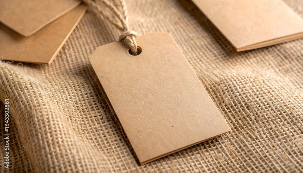 Poster a rustic close-up shot of a blank brown paper tag tied with twine resting on a textured burlap fabri