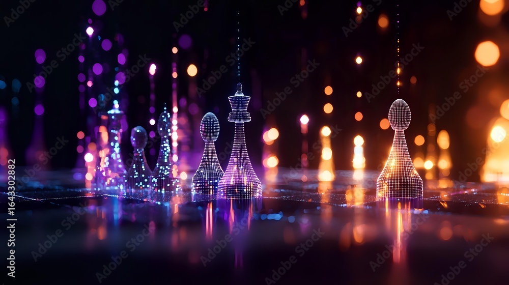 Poster glass chess pieces on reflective surface with colorful bokeh lights creating magical atmosphere, pur
