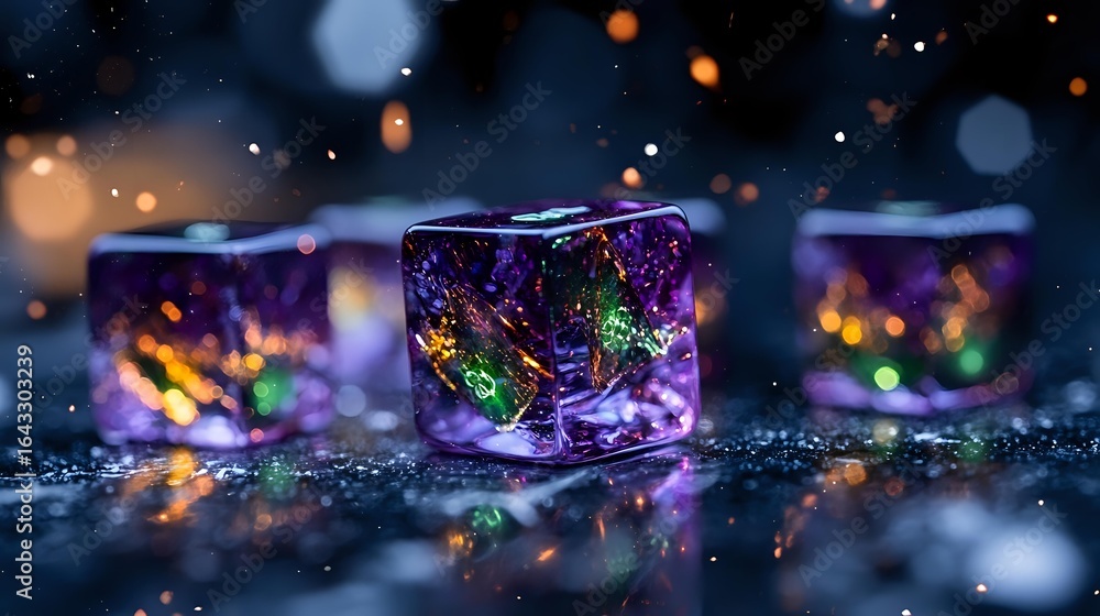 Poster glowing ice cubes with colorful rainbow lights inside on dark background with bokeh effect and spark