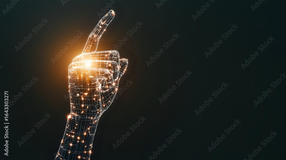 Poster glowing digital wireframe hand pointing upward with illuminated particles and light effects against 