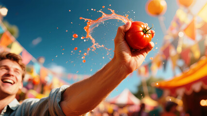 La Tomatina Joyful man throwing a vibrant tomato with juice splashing in bright sunlight, perfect for summer events, food festivals, and fresh produce promotions