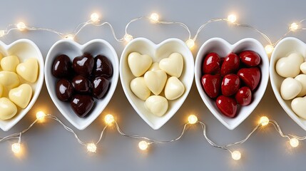Heart-shaped chocolates in white, dark, and red bowls.