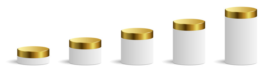 set all size White and gold cylinder podium stage platforms pedestal vector. Ideal for product showcases, awards ceremonies, or luxury presentations. elegant, multi-tiered display for premium items	