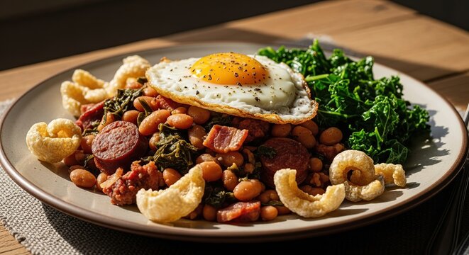 Traditional Brazilian feij&atilde;o tropeiro with sausage, pork rinds, fried egg, and kale.
