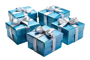 Obraz premium A group of blue and silver gift boxes with ribbons and bows, perfect for christmas, birthdays, or any special occasion isolated on transparent background