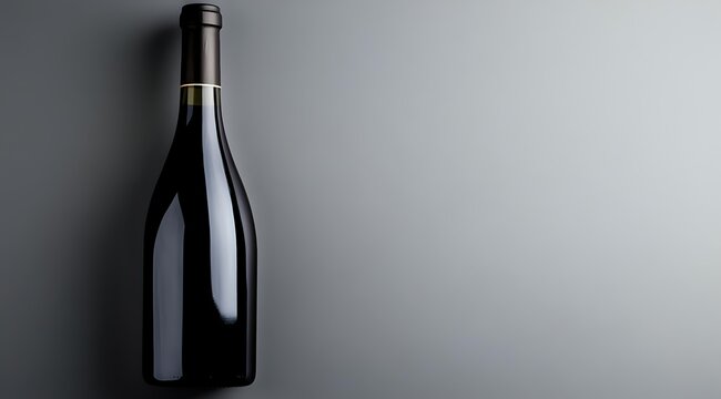 Dark wine bottle with elegant gold band on gray gradient background, minimalist composition with copy space for luxury beverage marketing and product photography.