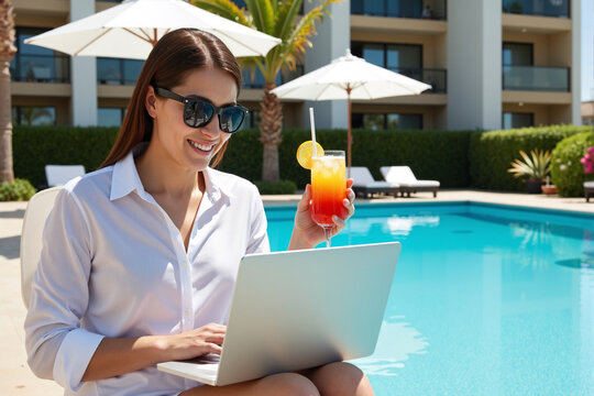 Relaxed businesswoman works on her touch laptop by a luxurious swimming pool at a resort, enjoying a tropical cocktail while balancing work and leisure during vacation