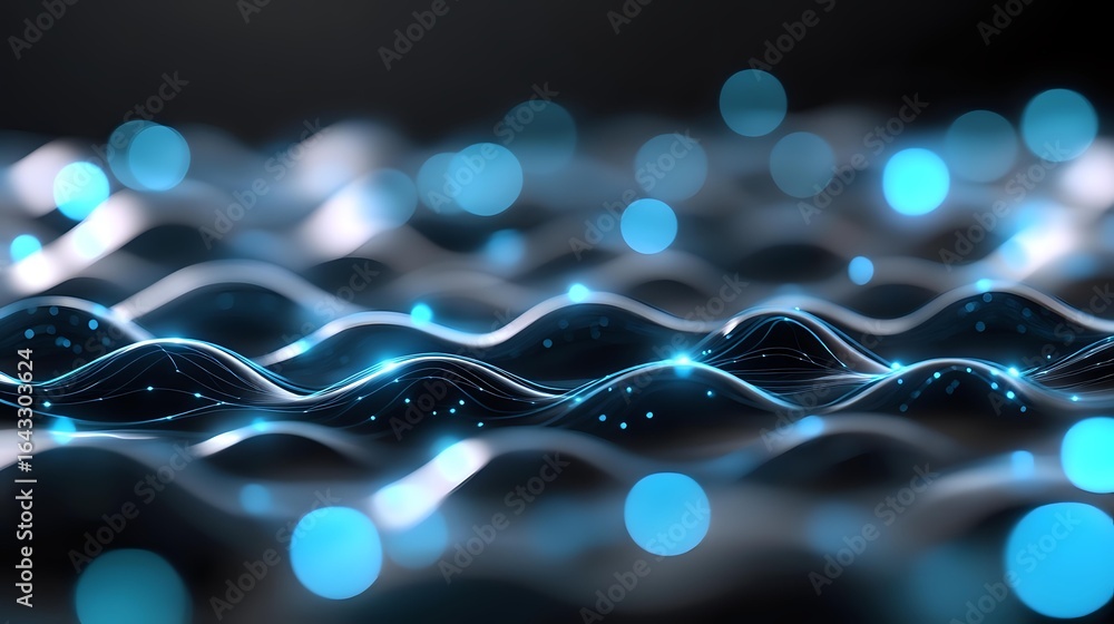 Poster glowing blue waves and bokeh lights on dark background create futuristic abstract pattern with dynam