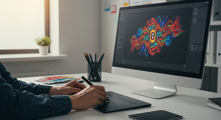 Digital artist at a workstation creating a vibrant abstract illustration with a professional graphics tablet and stylus.