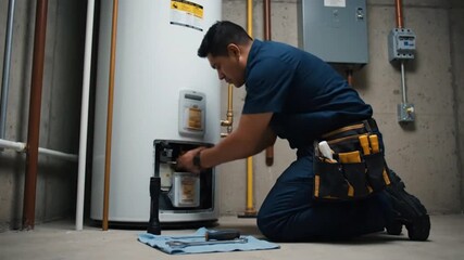 Repairman fixing water heater near pipes and cables. Suitable for plumbing or maintenance service advertisements and websites. Service industry promotion.