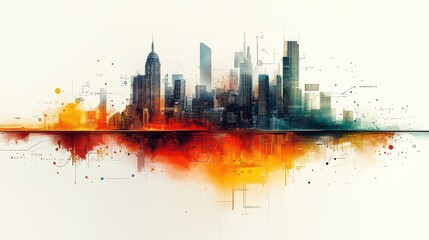 Obraz premium Cityscape reflected in vibrant watercolor.