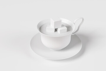 White tea cup with 3 sugar cubes on a saucer on a white background in monochrome and minimalism. Illustration of the concept of obesity and excessive sugar consumption