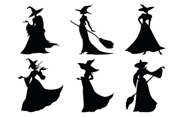Stylized set of witch figures in silhouette form isolated on clean white. simple vector collection is perfect for use in posters, t shirt prints, banners and magical digital graphics