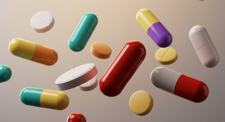 Various capsules and pills of different colors and sizes are scattered against a neutral beige background with soft lighting and shallow depth of field.