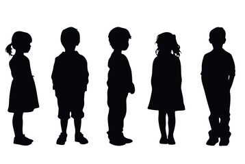 Black silhouette collection of small children standing. clean design on white background emphasizes innocence and childhood, suitable for posters, books, parenting blogs and charity visuals