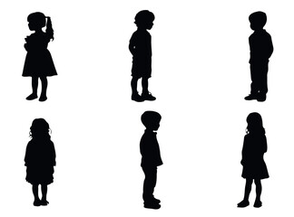 Silhouetted black forms of little children presented in minimal flat style on white background. for storytelling, childhood psychology visuals, creative projects and nonprofit design elements