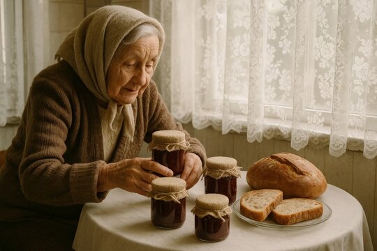 Elderly woman arranging jars of homemade jam beside loaf and slices of bread on table.