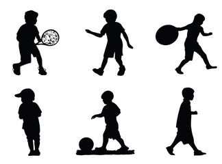 Minimalist set of kids in active poses such as running, jumping, playing ball, shown in clean silhouette style. Ideal for PE materials, children's fitness programs, school banners and mobile apps