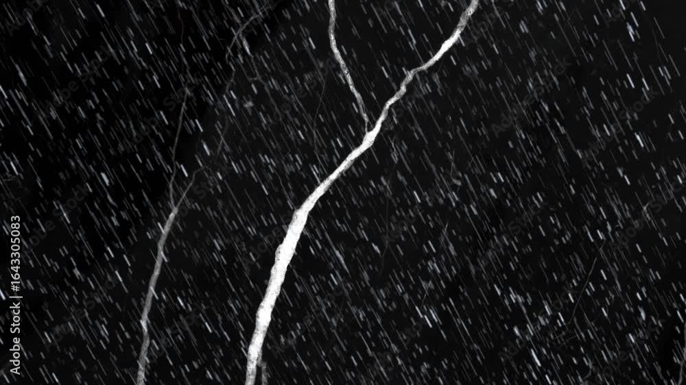 Poster upon branch appearing, white branch tilting rotating over rain streaks creating dynamic contrast
