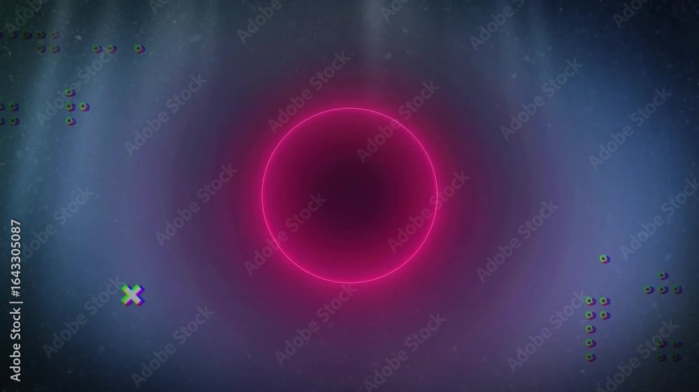 Poster red neon ring pulsing, contracting as cyan ring emerging with flickering icons showing loading
