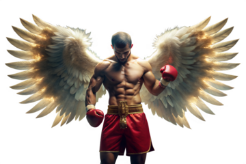 Powerful boxer with angel wings isolated on transparent background, embodying strength, determination, and a touch of fantasy in a conceptual art piece