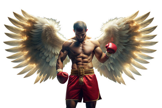 Powerful boxer with angel wings isolated on transparent background, embodying strength, determination, and a touch of fantasy in a conceptual art piece