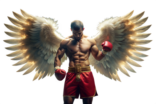 Powerful boxer with angel wings isolated on transparent background, embodying strength, determination, and a touch of fantasy in a conceptual art piece