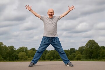 Happy senior man doing star jump exercise outdoors under cloudy sky, enjoying active lifestyle and freedom.