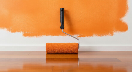 Close up of an orange paint roller against a partially painted orange wall and a shiny wooden floor