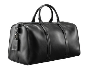 Naklejka premium Black leather duffel bag, angled view