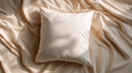 Soft beige pillow resting on luxurious satin bedspread in a serene, sunlit bedroom setting