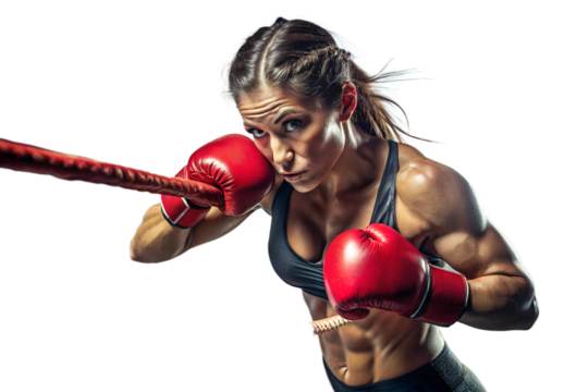 Determined female boxer punching with power isolated on transparent background, showcasing strength, fitness, and a competitive spirit in a dynamic portrait