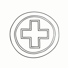 Obraz premium Black and white medical cross icon line art representation for health and safety awareness
