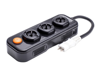 Black power strip with three outlets and an orange button
