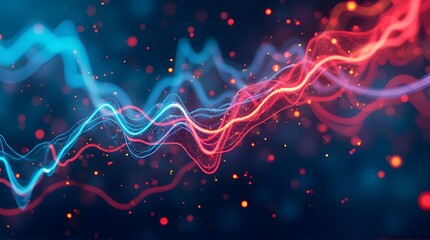 Glowing red and blue abstract data waves with particles on a dark technological background.