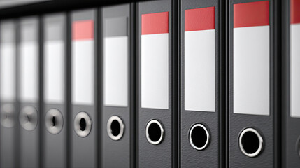 Black office folders with red and white labels neatly organized