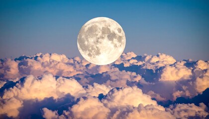 Celestial vision of a glowing full moon hovering over a sea of textured clouds