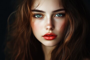 Stunning close-up portrait of a woman with striking green eyes and natural makeup