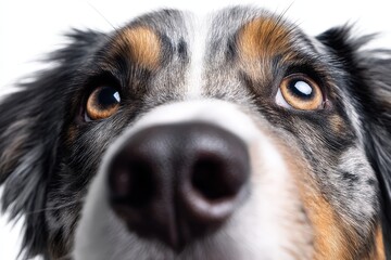 A close up shot of a brown and white dog gazing up towards the camera