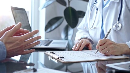 Doctor woman wearing white medical coat is consulting patient in clinic office while both are sitting at the glass desk. Physician is listening and making notes. Medicine concept