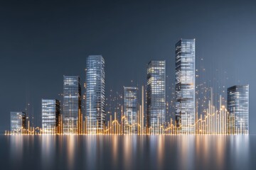 Fototapeta premium Tall skyscrapers arranged in a perfect line, resembling a giant bar chart against the skyline.