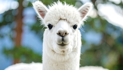 Obraz premium Charming close-up showcases the serene gaze of a white alpaca amidst blurred foliage serenity