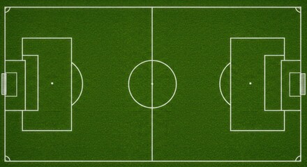 Obraz premium Aerial top-down view of a soccer field with white markings on green grass. A classic football pitch layout for strategy and game planning.