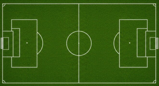 Aerial top-down view of a soccer field with white markings on green grass. A classic football pitch layout for strategy and game planning.