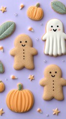 Halloween Bakery Flat Lay with Cookies and Spiderwebs Colorful Halloween-themed cookies, featuring pumpkins and ghost designs on a pastel background.