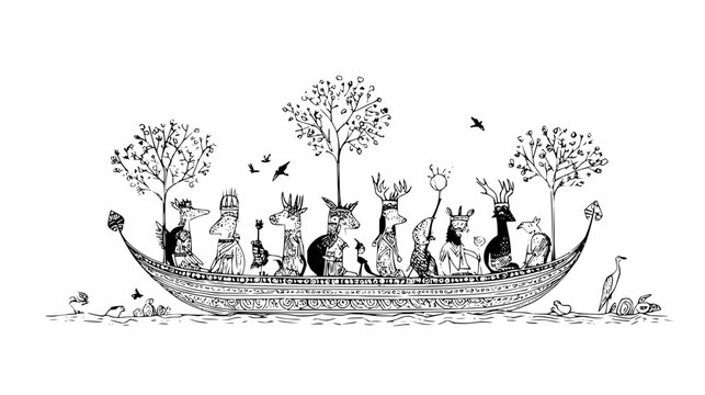 Animals Riding Boat on Water with Trees