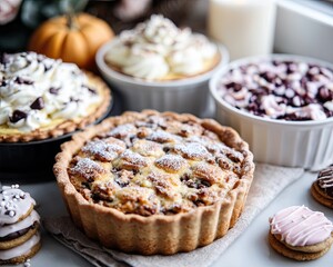 Halloween Bakery Flat Lay with Cookies and Spiderwebs Delicious assortment of desserts featuring pies, cookies, and whipped cream.