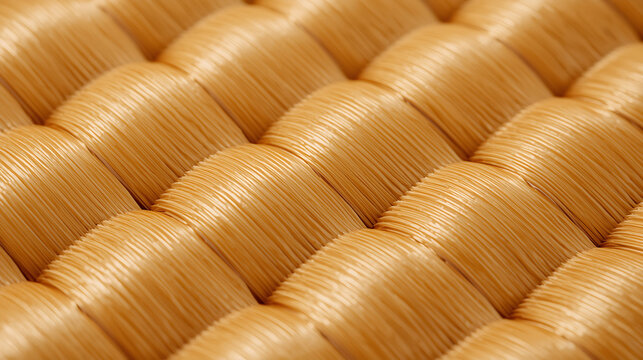 The macro close-up shows a smooth, tightly woven surface made of glossy, light, golden-brown synthetic strands, with a realistic, almost plastic-like texture.