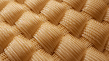 Fototapeta premium The macro close-up shows a smooth, tightly woven surface made of glossy, light, golden-brown synthetic strands, with a realistic, almost plastic-like texture.